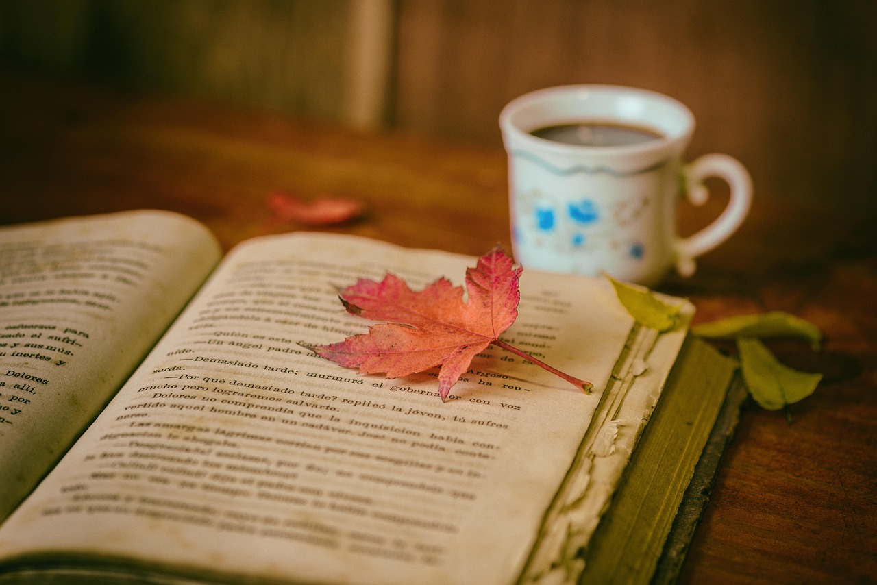leaves, coffee, cup, still life, book, coffee cup, nature, reading, leisure, hobby, read, open book, bookworm